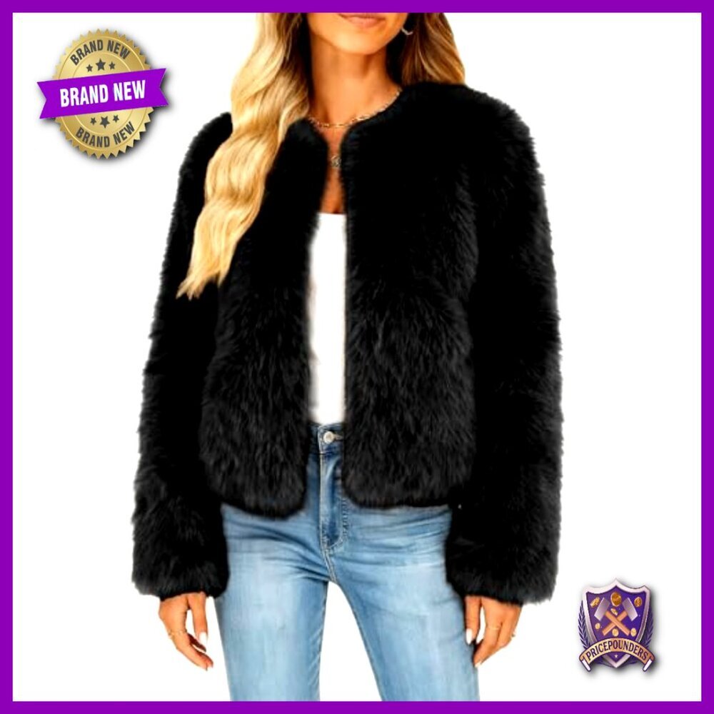 Faux Fur Cropped Jacket Winter Warm Zip Up Outerwear Long Sleeve - Picture 2 of 7